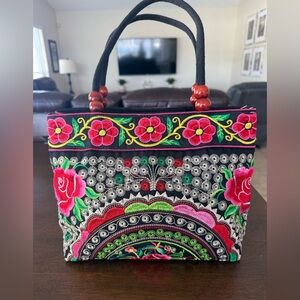 Boho Embroidered Floral Handbag Wood Bead Handle Folk Festival Purse